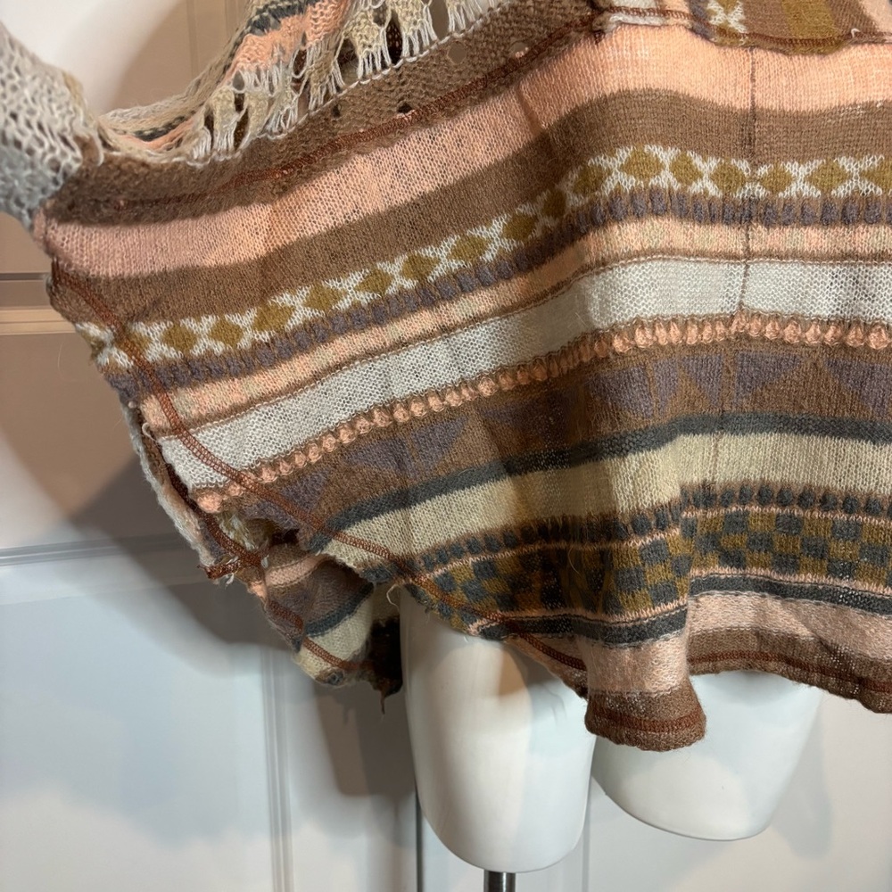 Free People December Skies Muted Pink Tan Gray Open Knit Poncho Sweater S - Picture 5 of 12
